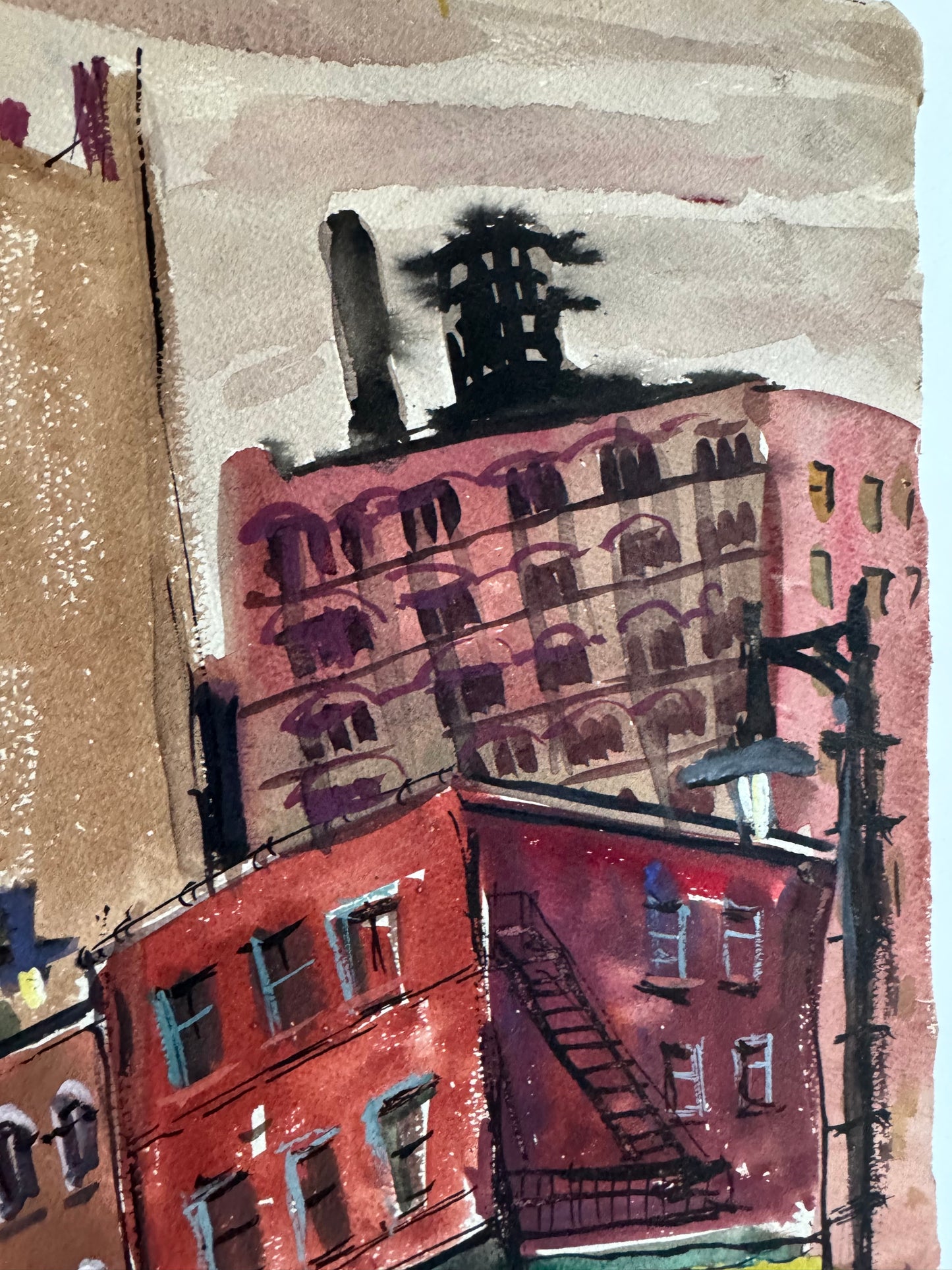 Mid-Century Urban Street Scene Watercolor by Grace Gorlitz