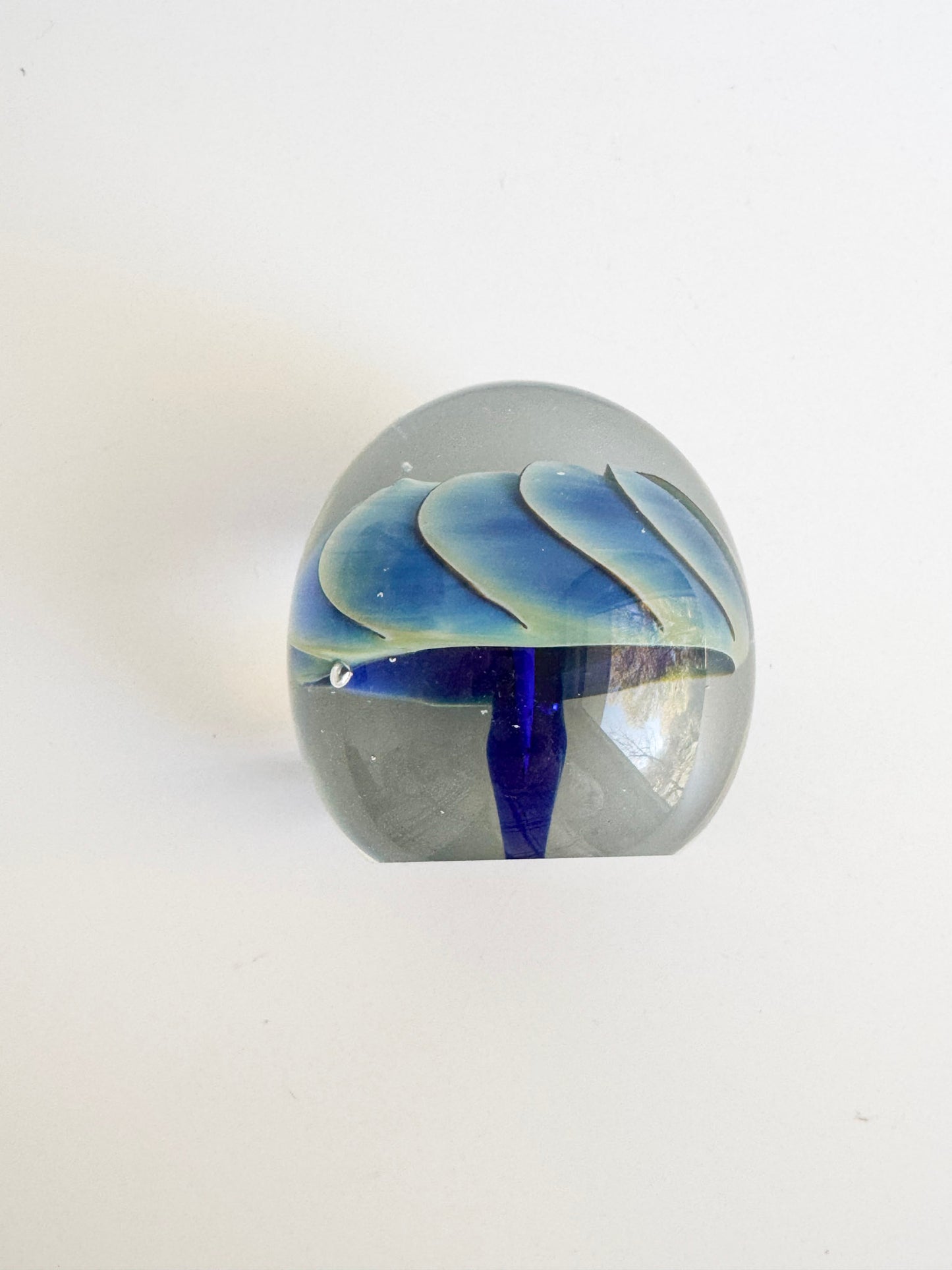 Signed 1986 Studio Art Glass Paperweight – Blue & Aqua Swirl Flower Form