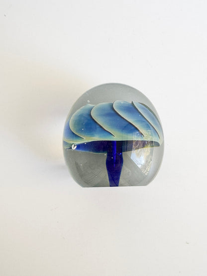 Signed 1986 Studio Art Glass Paperweight – Blue & Aqua Swirl Flower Form