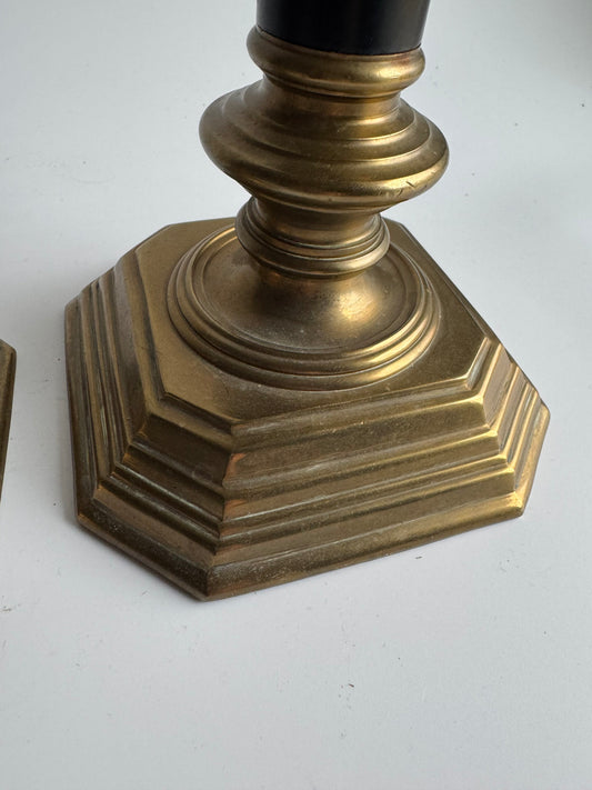 Vintage Brass Candlesticks with Black Columns – Pair