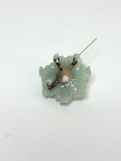 Vintage Carved Jade Flower Brooch / Pendant with Pearls, Sterling Silver