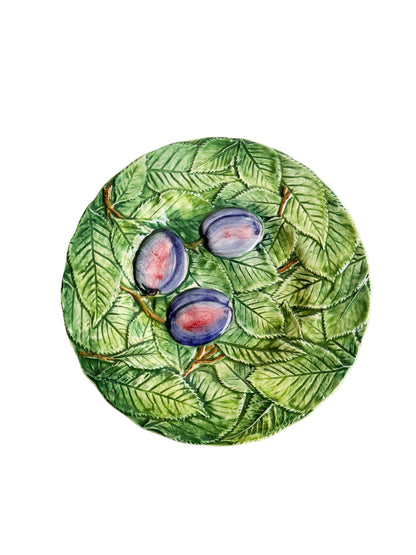 Vintage Majolica Plate with Plums and Leaves