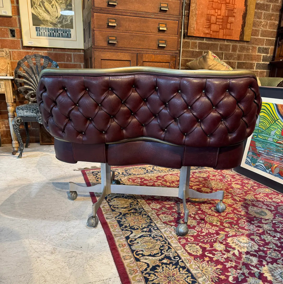 Vintage Industrial Gasser Chair Co. Rolling Settee in Burgundy Faux Leather