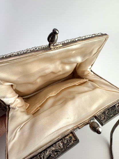 Vintage Beaded Evening Bag with Pearl and Crystal Floral Motif