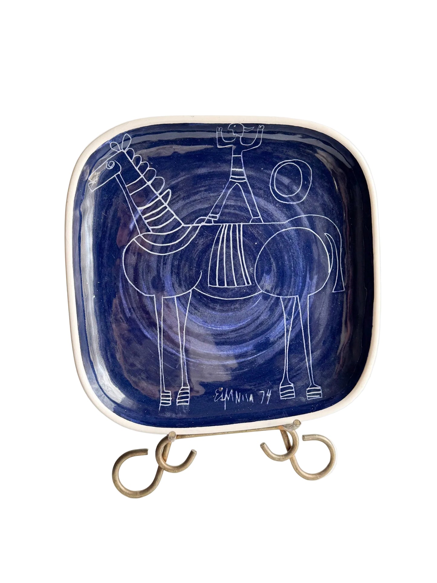 Vintage Scandinavian Modern Blue Ceramic Plate, Signed and Dated 1974