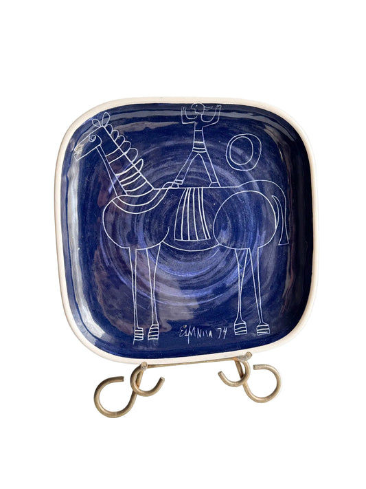 Vintage Scandinavian Modern Blue Ceramic Plate, Signed and Dated 1974