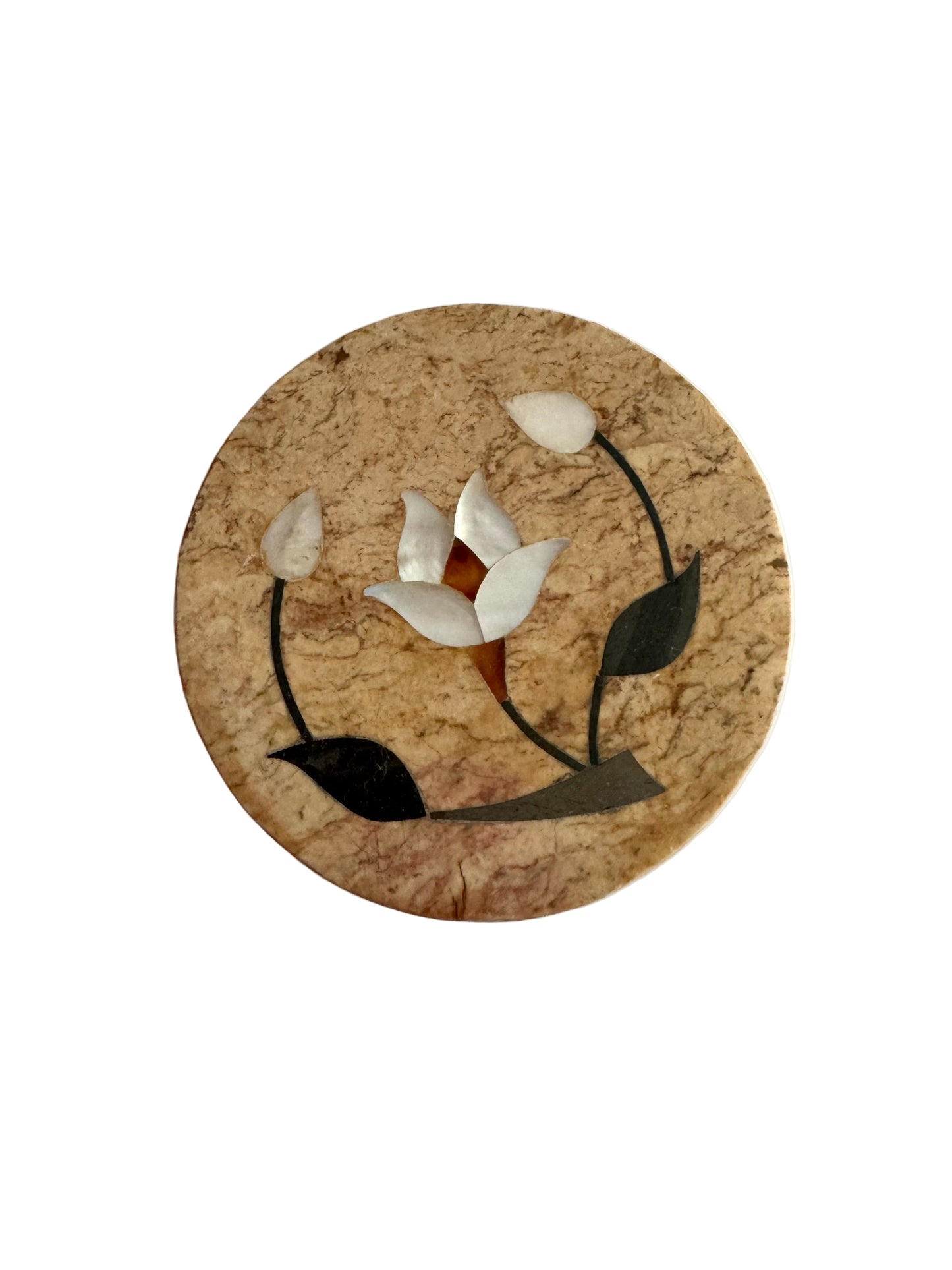 Pietra Dura Marble Inlay Round Trinket Box With Floral Motif, Made in India