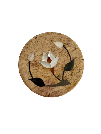 Pietra Dura Marble Inlay Round Trinket Box With Floral Motif, Made in India
