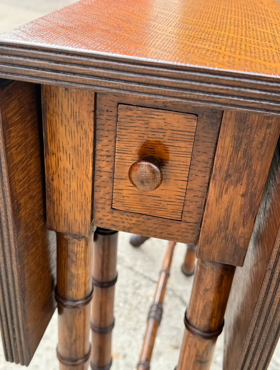 Newly Refinished Antique Drop-Leaf Tiger Oak Table With Faux Bamboo Legs