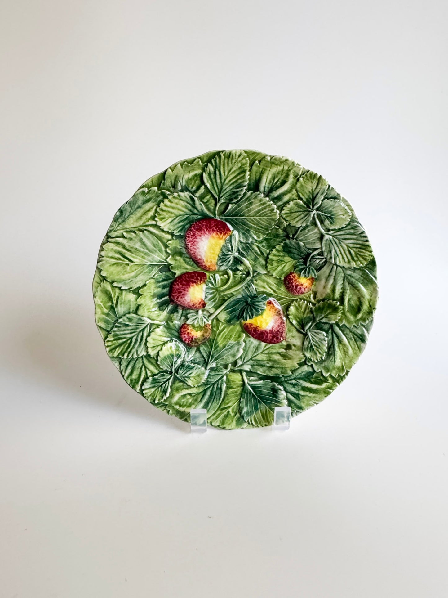 Vintage Majolica Plate with Strawberries and Leaves