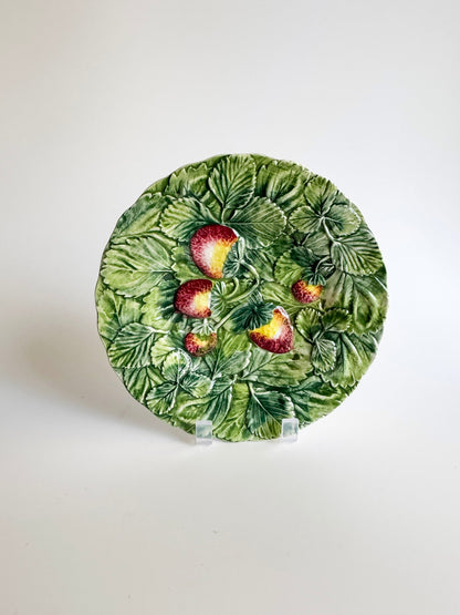 Vintage Majolica Plate with Strawberries and Leaves