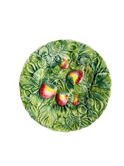 Vintage Majolica Plate with Strawberries and Leaves