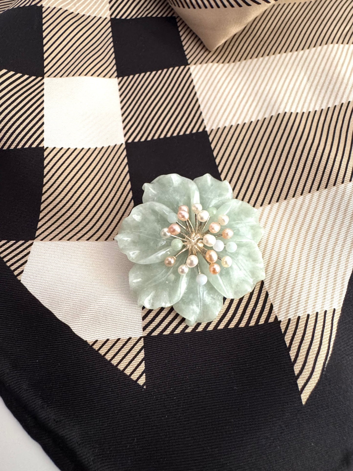 Vintage Carved Jade Flower Brooch / Pendant with Pearls, Sterling Silver