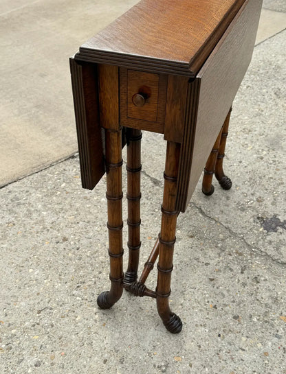 Newly Refinished Antique Drop-Leaf Tiger Oak Table With Faux Bamboo Legs