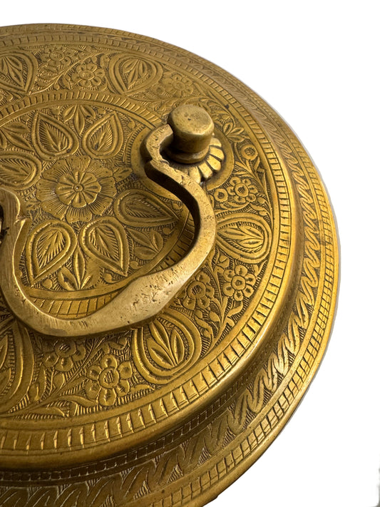Vintage Hand-Engraved Brass Lidded Box with Handle