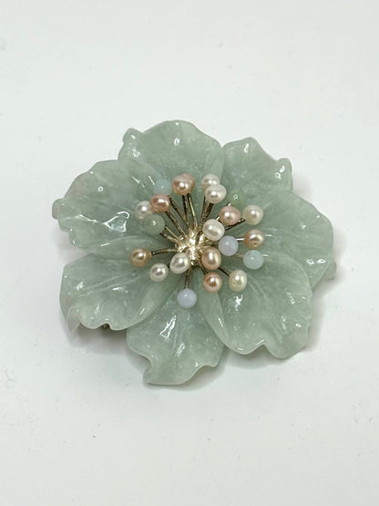 Vintage Carved Jade Flower Brooch / Pendant with Pearls, Sterling Silver