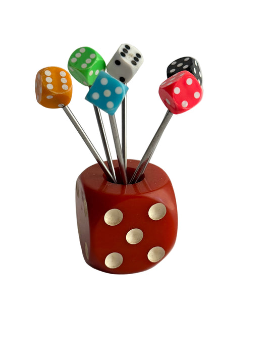 1930s French Bakelite Dice Cocktail Pick Set With Holder