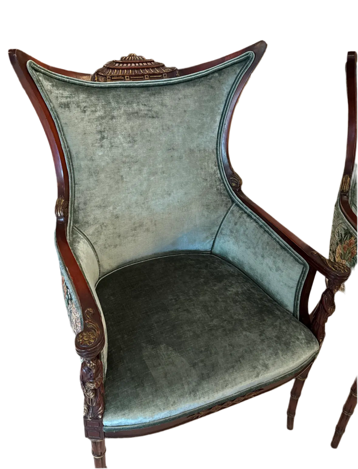 Paire Vintage Carved Wood Asian High Back Wing Chairs — Newly Reupholstered