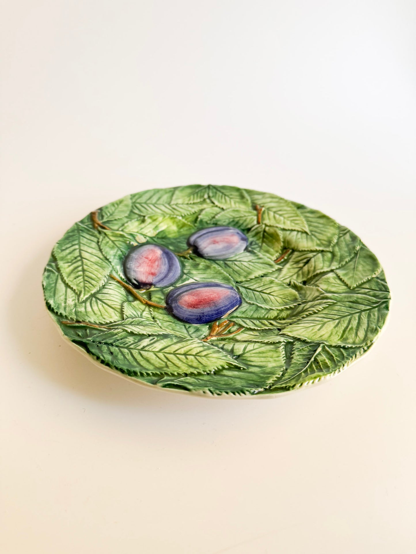 Vintage Majolica Plate with Plums and Leaves