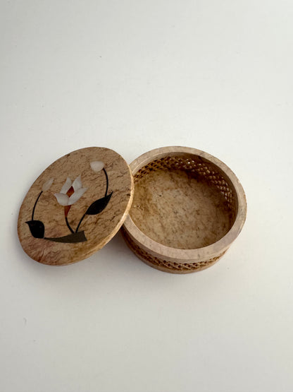 Pietra Dura Marble Inlay Round Trinket Box With Floral Motif, Made in India
