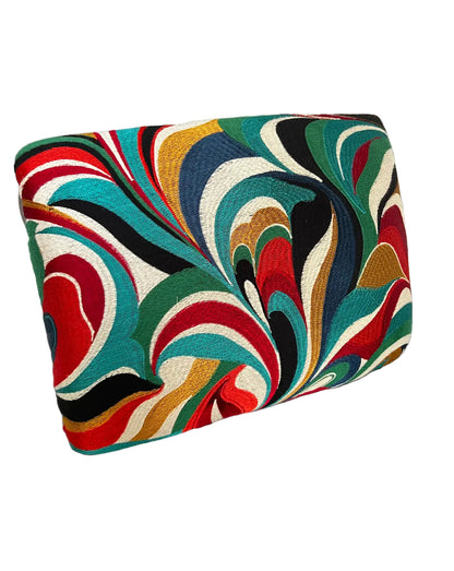 Refinished Mid-Century Modern Footstool With Abstract Multicolor Embroidered Fabric