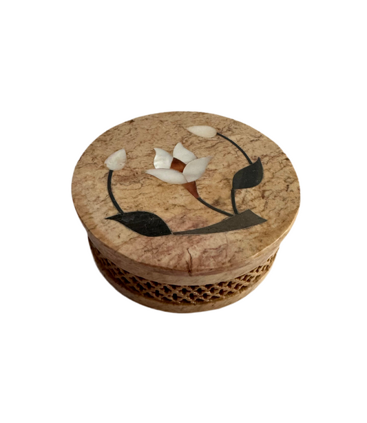 Pietra Dura Marble Inlay Round Trinket Box With Floral Motif, Made in India