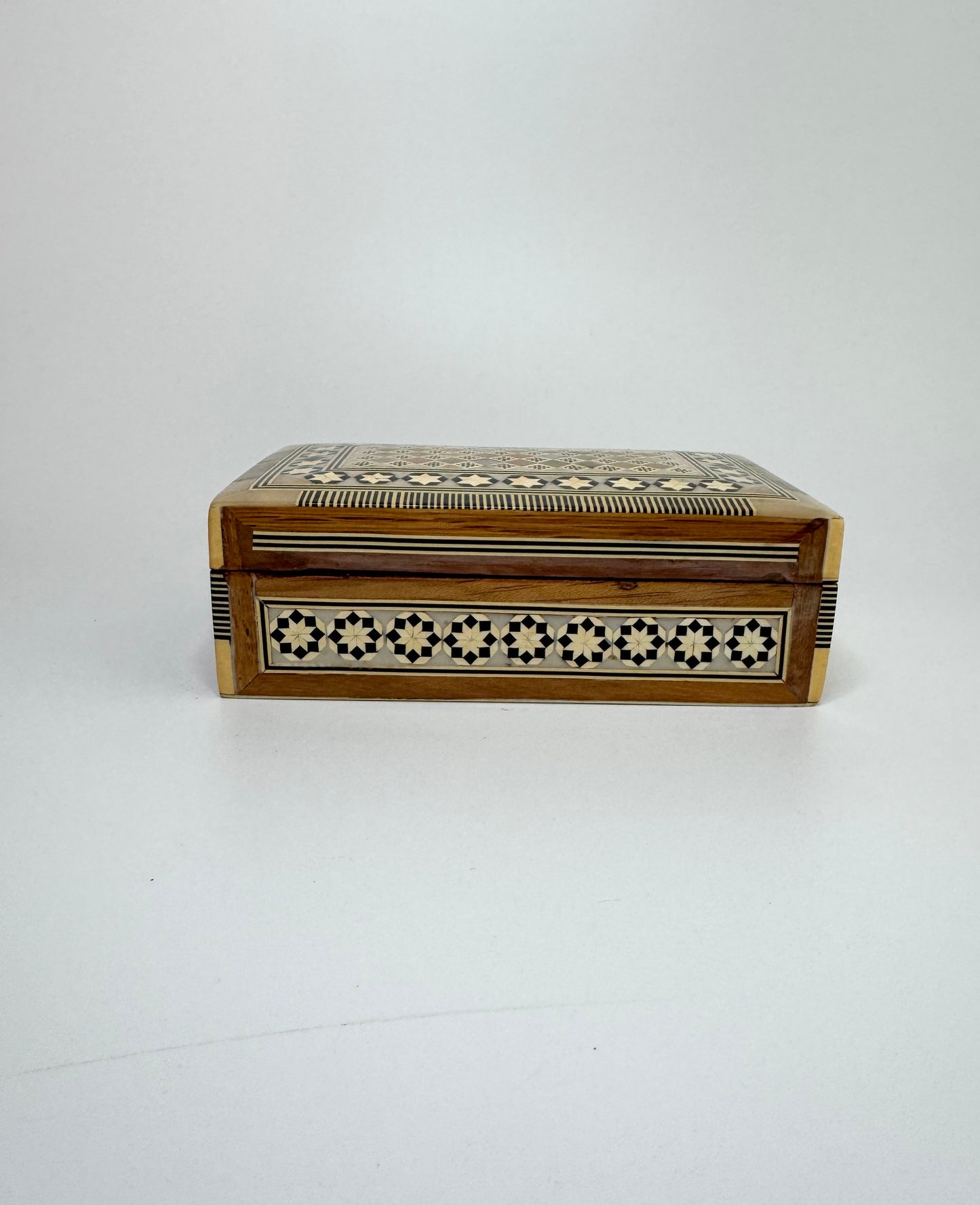 Handmade Egyptian Inlaid Wooden Box with Geometric Mosaic Design