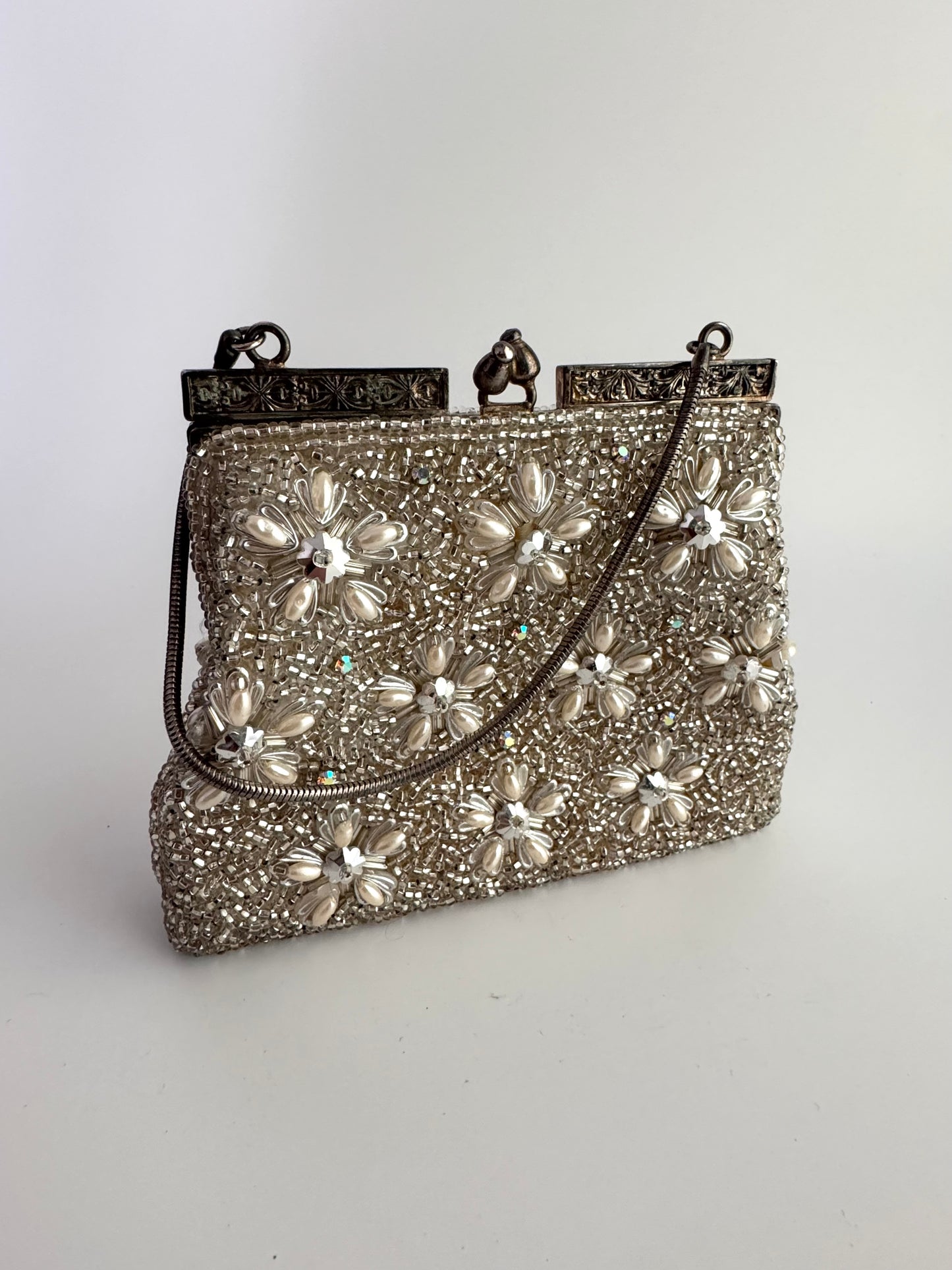 Vintage Beaded Evening Bag with Pearl and Crystal Floral Motif