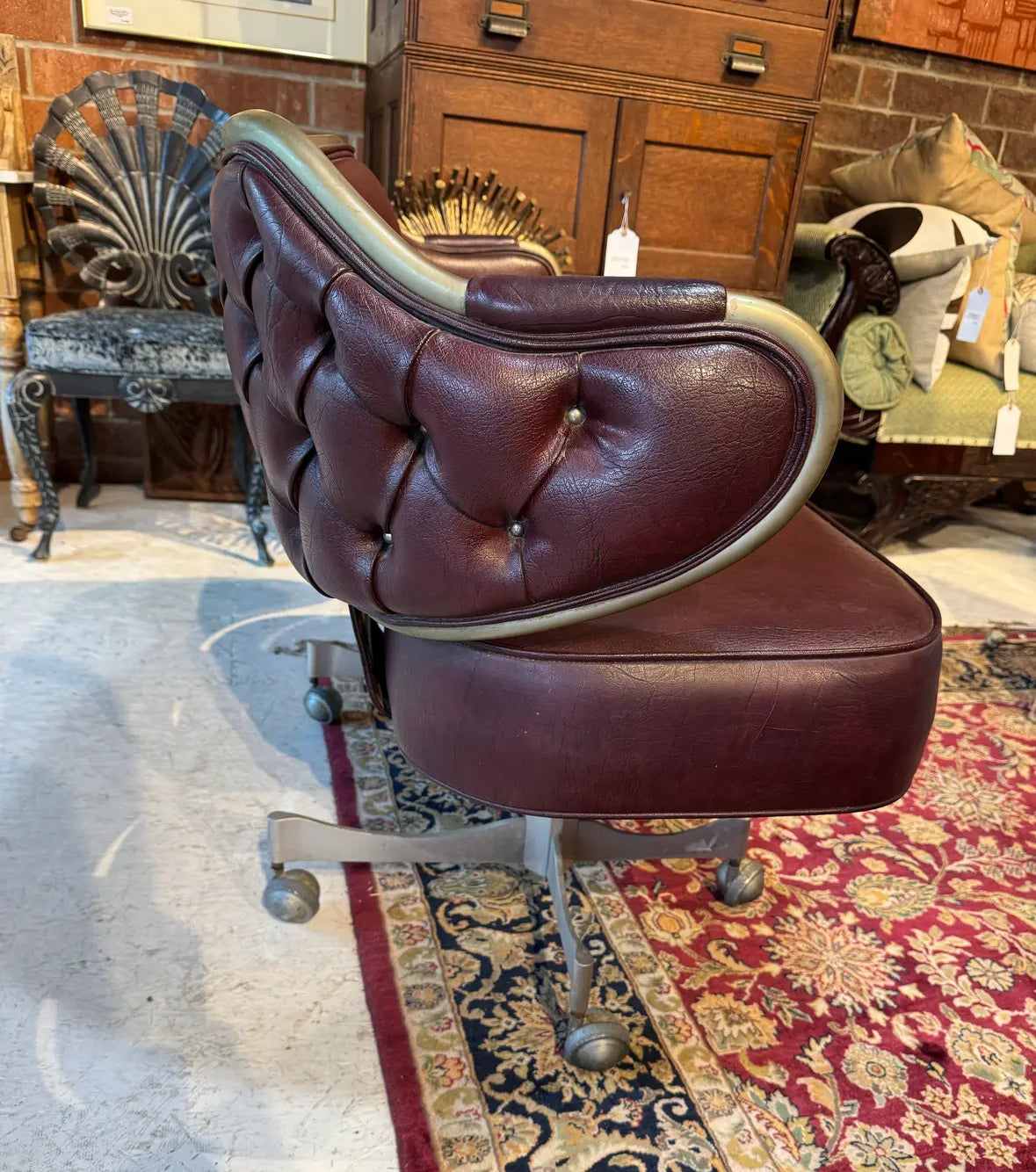 Vintage Industrial Gasser Chair Co. Rolling Settee in Burgundy Faux Leather