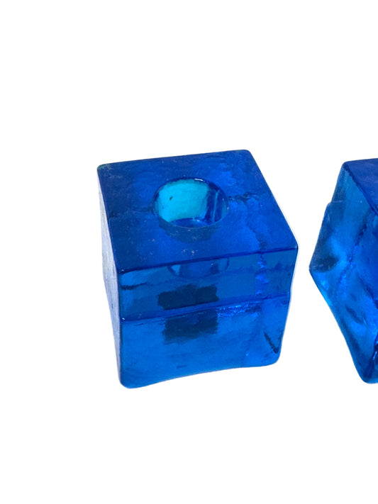 Pair of Swedish Lindshammar Glass Cube Candleholders – Cobalt Blue