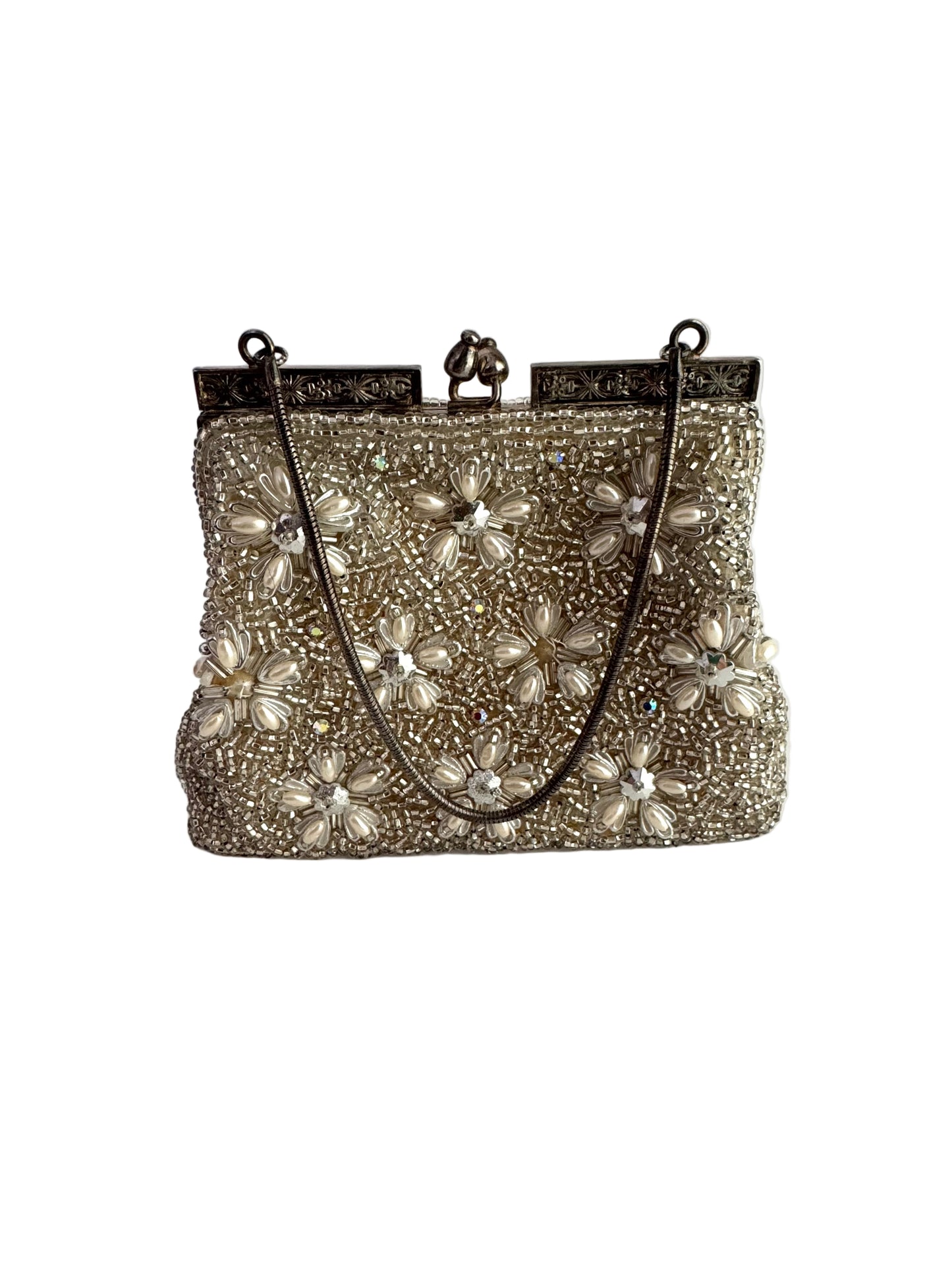 Vintage Beaded Evening Bag with Pearl and Crystal Floral Motif