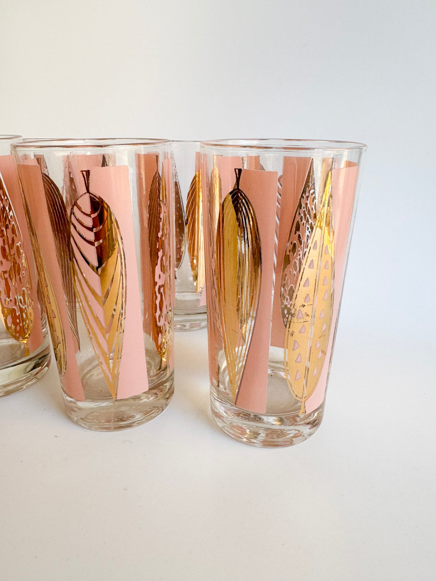 Set of 6 Fred Press Mid-Century 22k Gold Pink & Gold Highball Glasses
