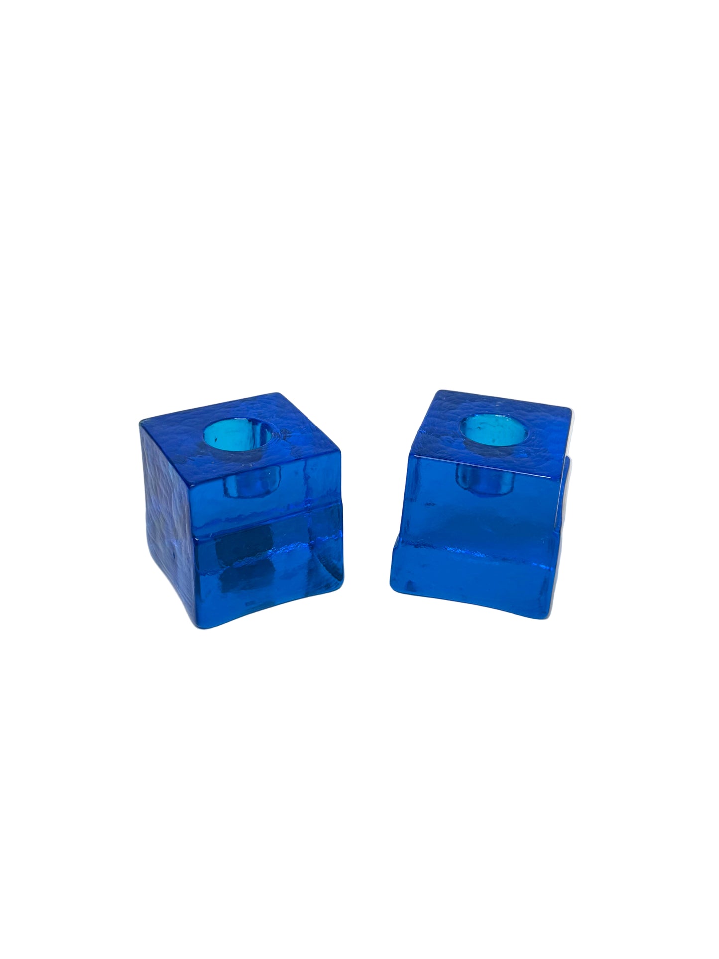 Pair of Swedish Lindshammar Glass Cube Candleholders – Cobalt Blue