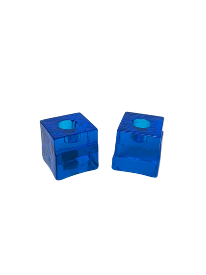 Pair of Swedish Lindshammar Glass Cube Candleholders – Cobalt Blue