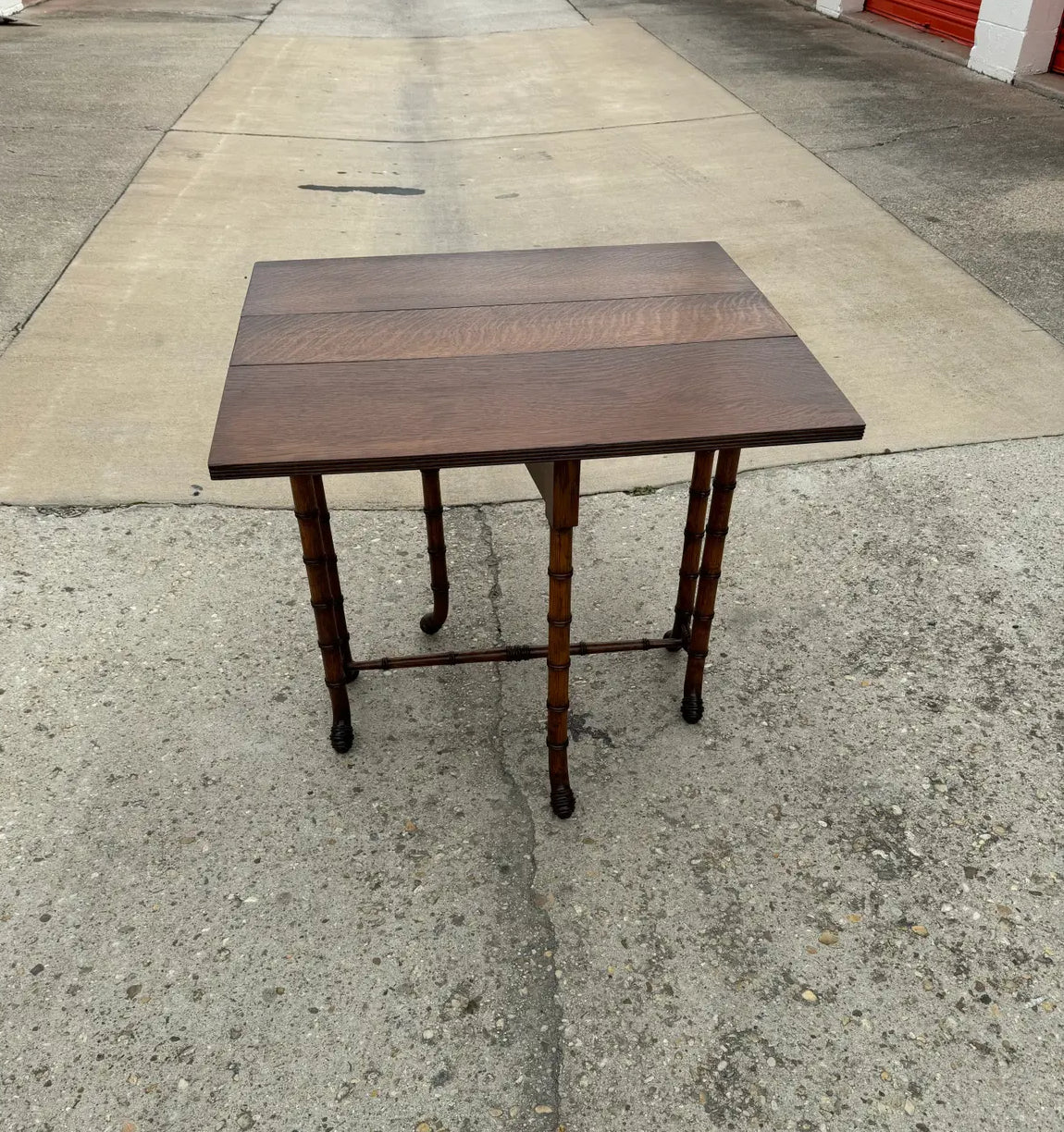 Newly Refinished Antique Drop-Leaf Tiger Oak Table With Faux Bamboo Legs