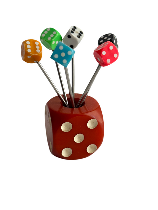 1930s French Bakelite Dice Cocktail Pick Set With Holder