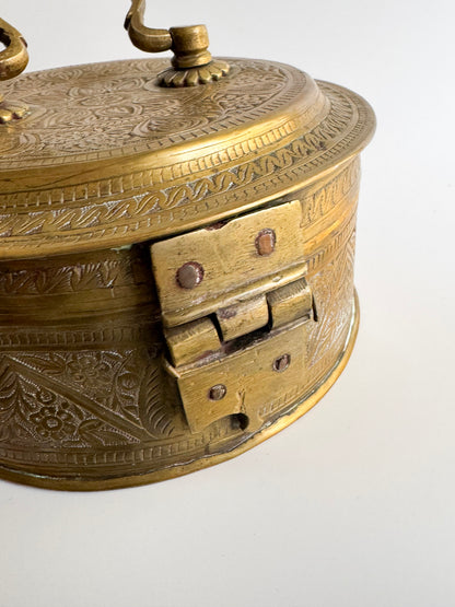 Vintage Hand-Engraved Brass Lidded Box with Handle