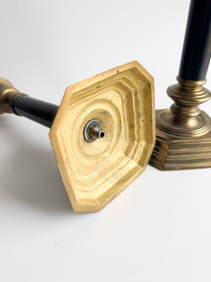 Vintage Brass Candlesticks with Black Columns – Pair