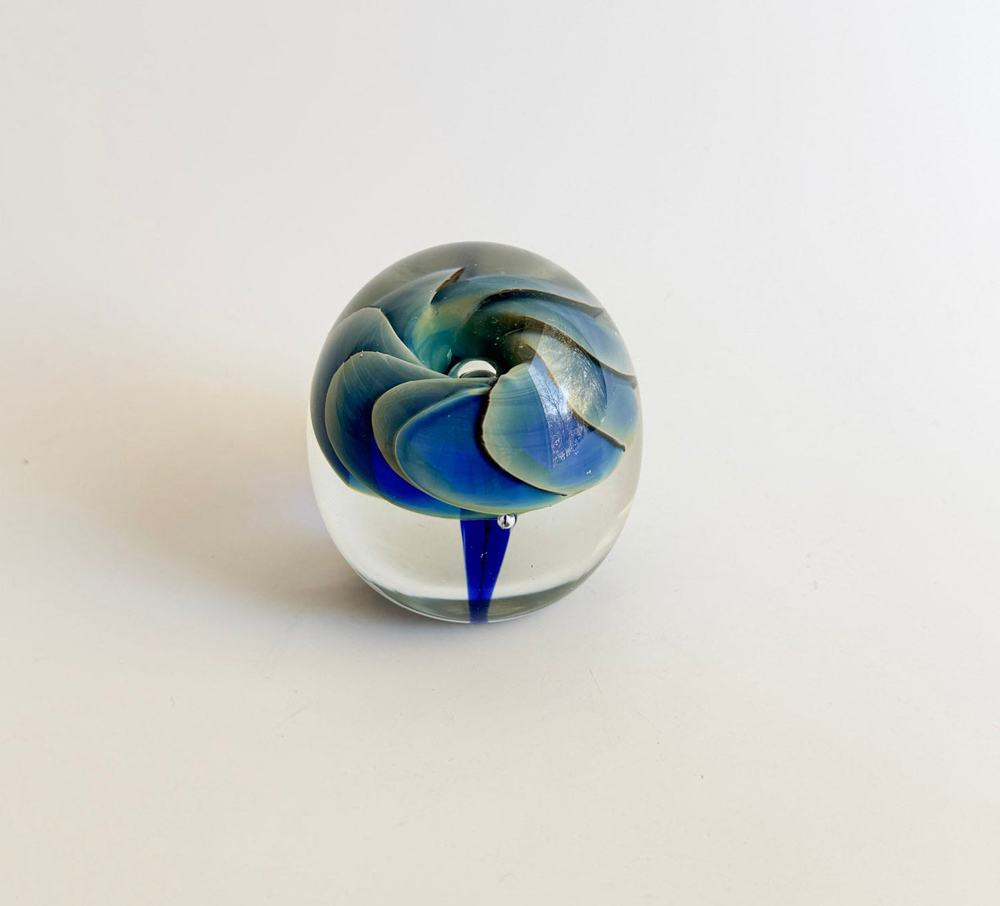 Signed 1986 Studio Art Glass Paperweight – Blue & Aqua Swirl Flower Form