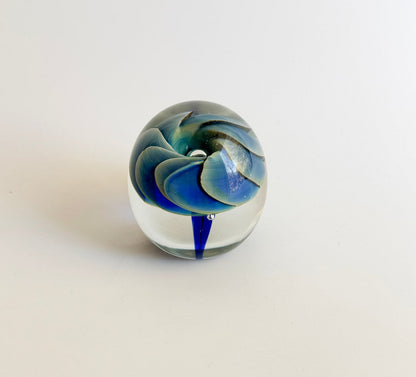 Signed 1986 Studio Art Glass Paperweight – Blue & Aqua Swirl Flower Form