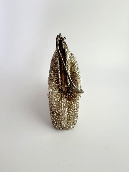 Vintage Beaded Evening Bag with Pearl and Crystal Floral Motif