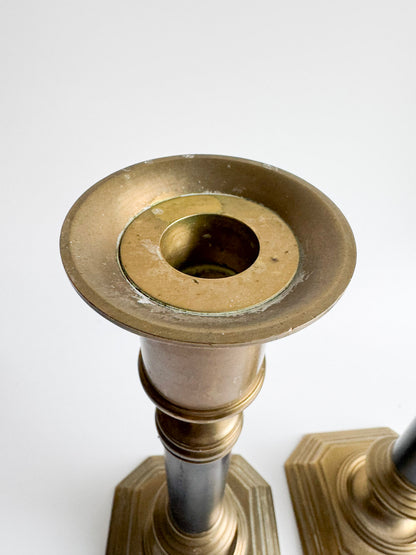 Vintage Brass Candlesticks with Black Columns – Pair