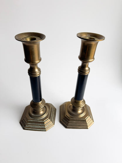 Vintage Brass Candlesticks with Black Columns – Pair