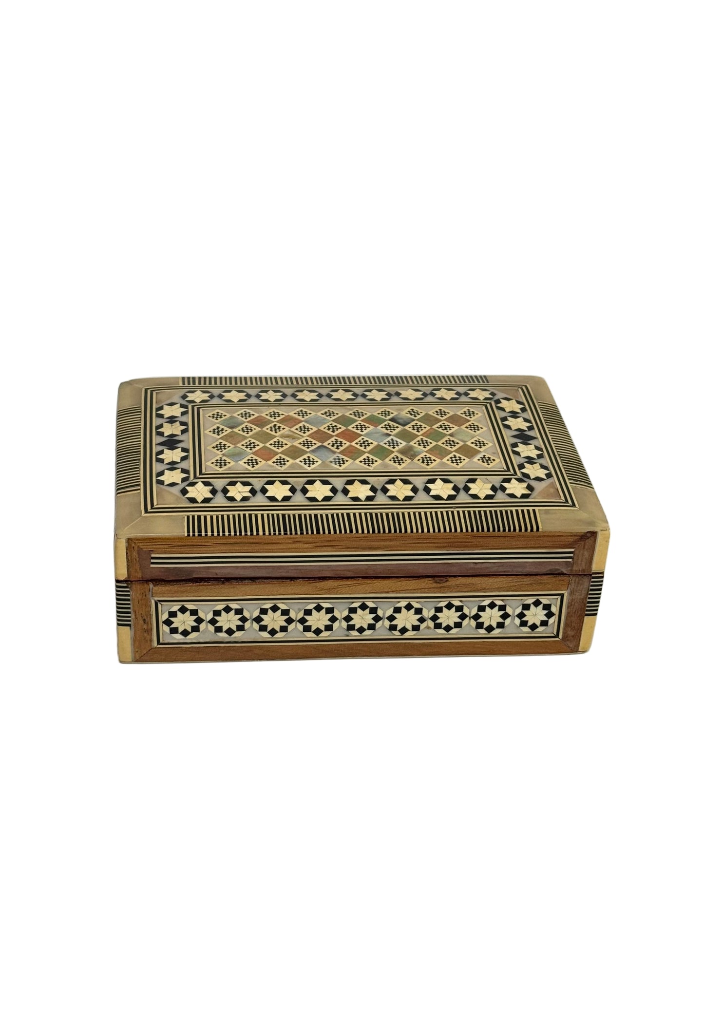 Handmade Egyptian Inlaid Wooden Box with Geometric Mosaic Design