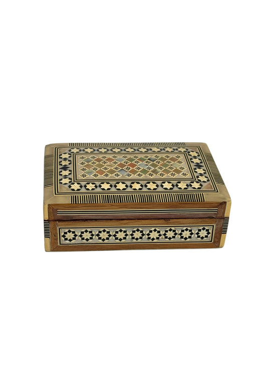 Handmade Egyptian Inlaid Wooden Box with Geometric Mosaic Design
