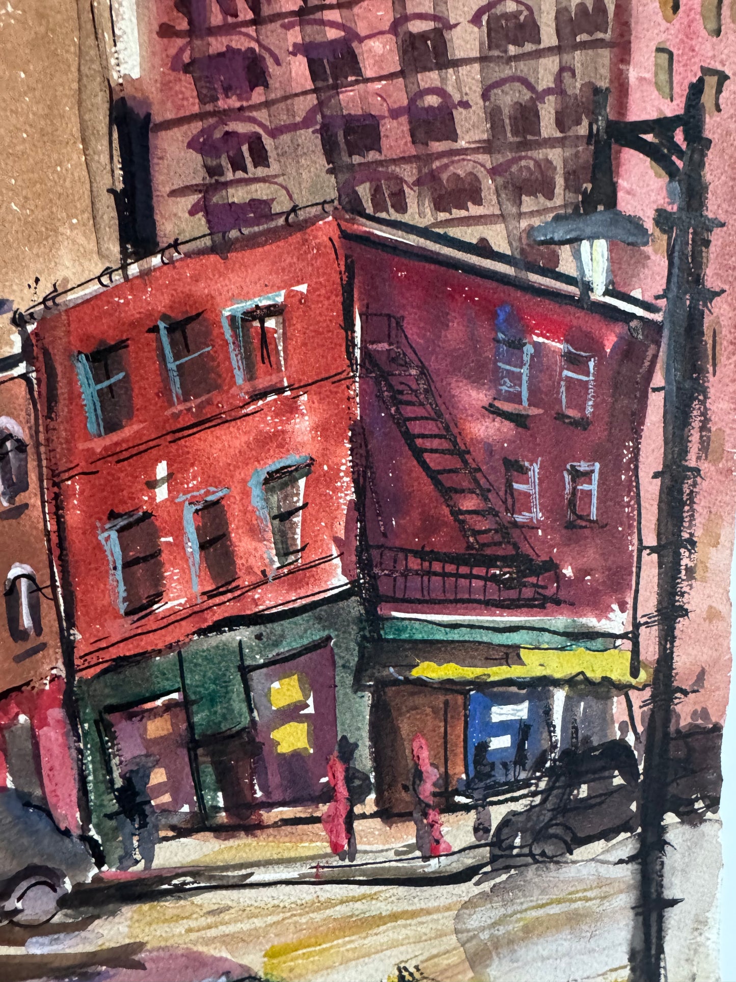 Mid-Century Urban Street Scene Watercolor by Grace Gorlitz