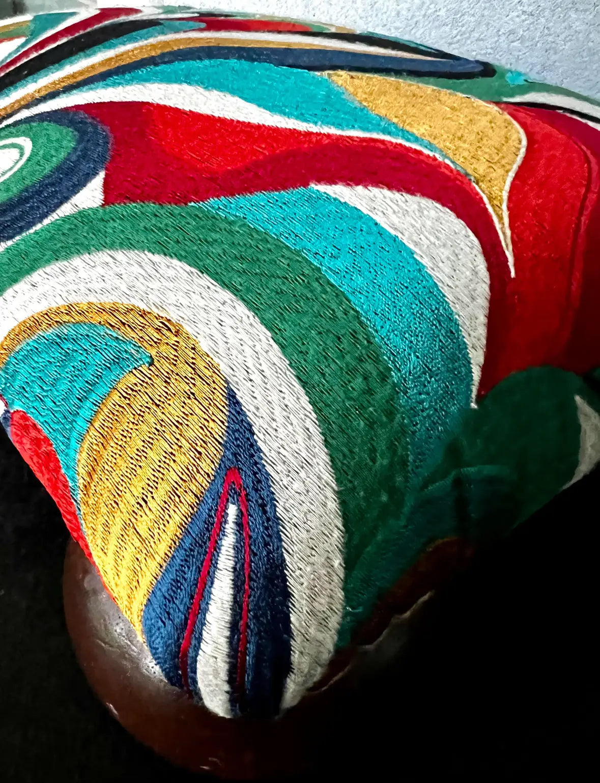 Refinished Mid-Century Modern Footstool With Abstract Multicolor Embroidered Fabric