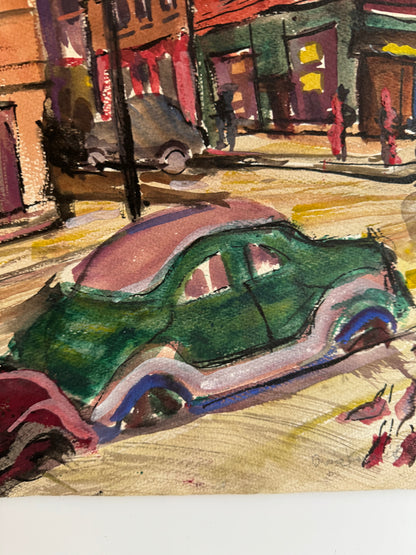 Mid-Century Urban Street Scene Watercolor by Grace Gorlitz