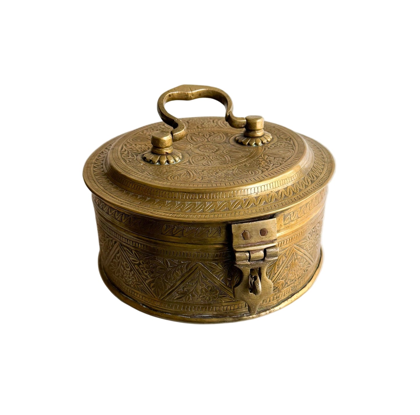 Vintage Hand-Engraved Brass Lidded Box with Handle