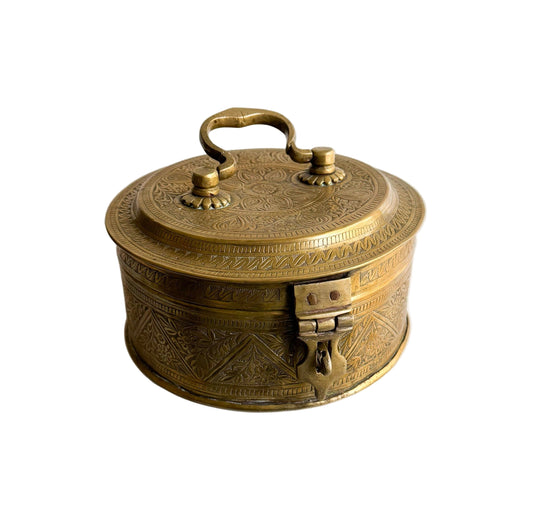 Vintage Hand-Engraved Brass Lidded Box with Handle